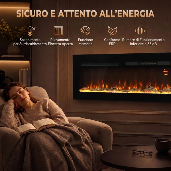 DecHome Camino Elettrico da Incasso/Parete 1500W Timer 24h Fiamma Regolabile Cristalli 170x15.8x45 cm colore Nero