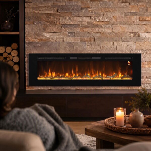 DecHome Camino Elettrico da Incasso/Parete 1500W Timer 24h Fiamma Regolabile Cristalli 170x15.8x45 cm colore Nero