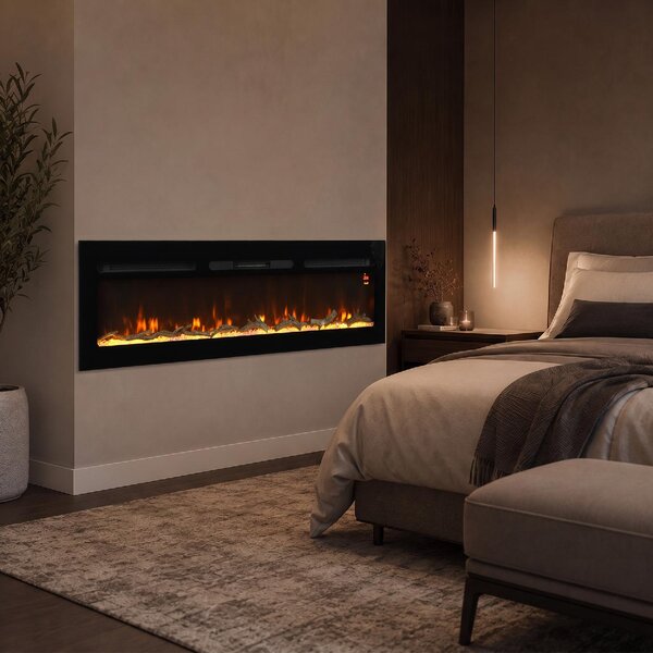 DecHome Camino Elettrico da Incasso/Parete 1500W Timer 24h Fiamma Regolabile Cristalli 170x15.8x45 cm colore Nero