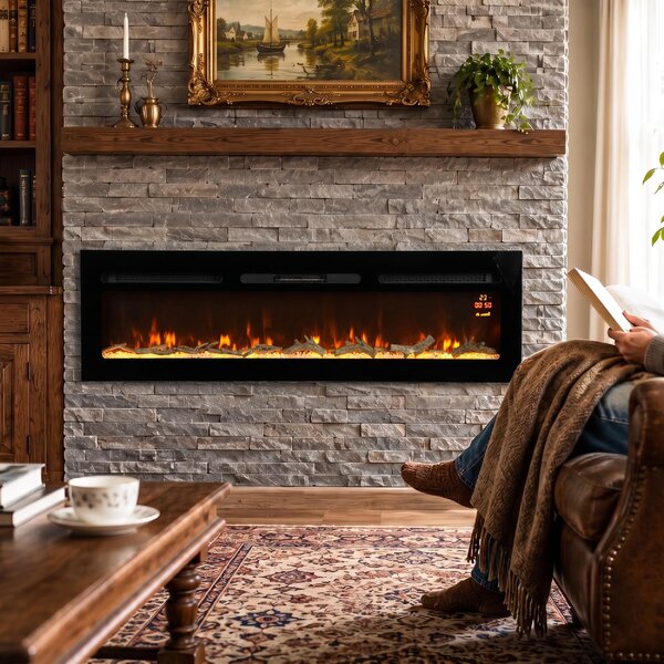 DecHome Camino Elettrico da Incasso/Parete 1500W Timer 24h Fiamma Regolabile Cristalli 170x15.8x45 cm colore Nero