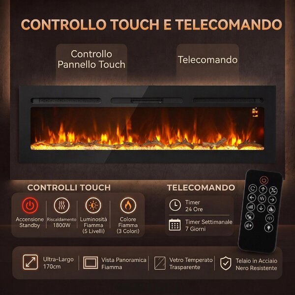 DecHome Camino Elettrico da Incasso/Parete 1500W Timer 24h Fiamma Regolabile Cristalli 170x15.8x45 cm colore Nero