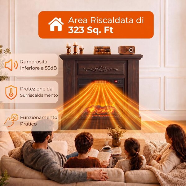 DecHome Camino Elettrico da Terra 1800W con Effetto Fiamma Telecomando Timer e Temperatura Regolabile 80.7x22.5x76.5 cm colore Marrone