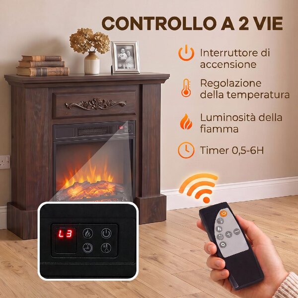 DecHome Camino Elettrico da Terra 1800W con Effetto Fiamma Telecomando Timer e Temperatura Regolabile 80.7x22.5x76.5 cm colore Marrone