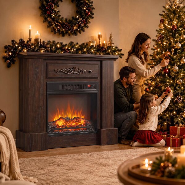 DecHome Camino Elettrico da Terra 1800W con Effetto Fiamma Telecomando Timer e Temperatura Regolabile 80.7x22.5x76.5 cm colore Marrone
