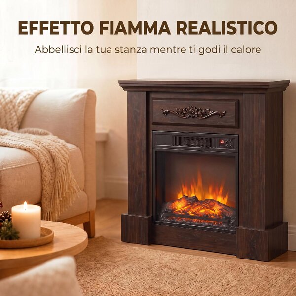 DecHome Camino Elettrico da Terra 1800W con Effetto Fiamma Telecomando Timer e Temperatura Regolabile 80.7x22.5x76.5 cm colore Marrone