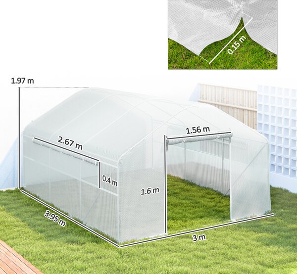 Outsunny Serra da Giardino a Tunnel 4x3x2 m con Finestre e Porta Avvolgibili, Struttura in Acciaio e Copertura PE, Bianco | Aosom Italy