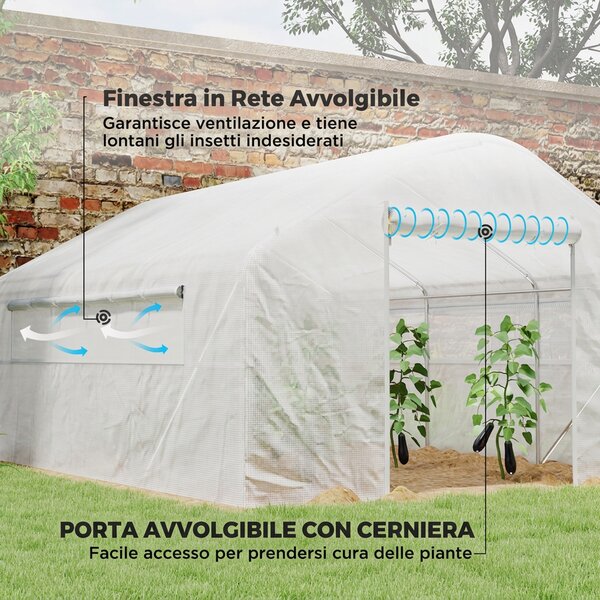 Outsunny Serra da Giardino a Tunnel 4x3x2 m con Finestre e Porta Avvolgibili, Struttura in Acciaio e Copertura PE, Bianco | Aosom Italy