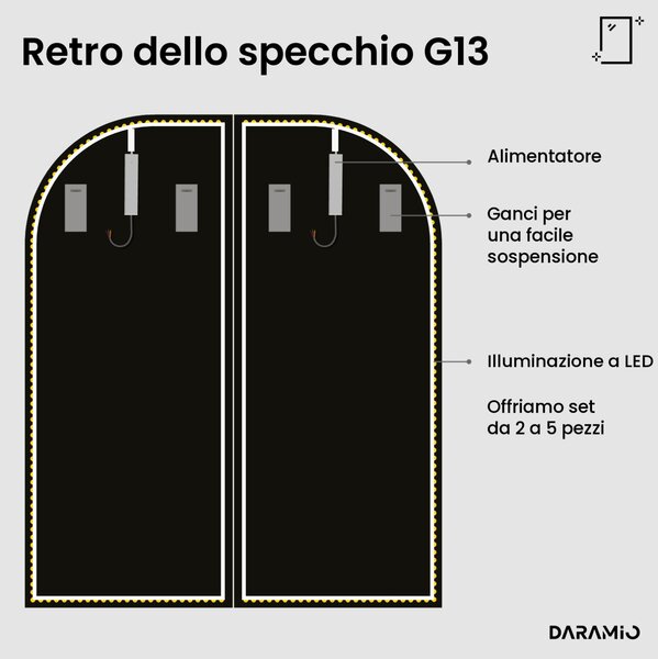 Parete a specchio da palestra con luce LED e angoli ad arco G13
