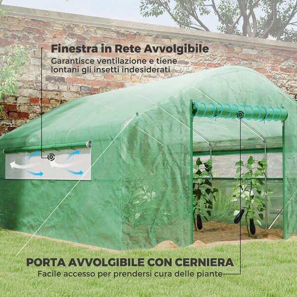 Outsunny Serra da Giardino a Tunnel 4x3x2 m con Finestre e Porta Avvolgibili, Struttura in Acciaio e Copertura PE, Verde | Aosom Italy