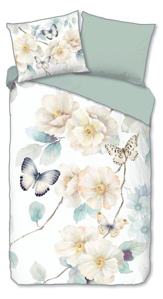 Set copripiumino e federa bianco/verde in raso di cotone per letto singolo ed esteso 140x220 cm Adiwanya – Descanso