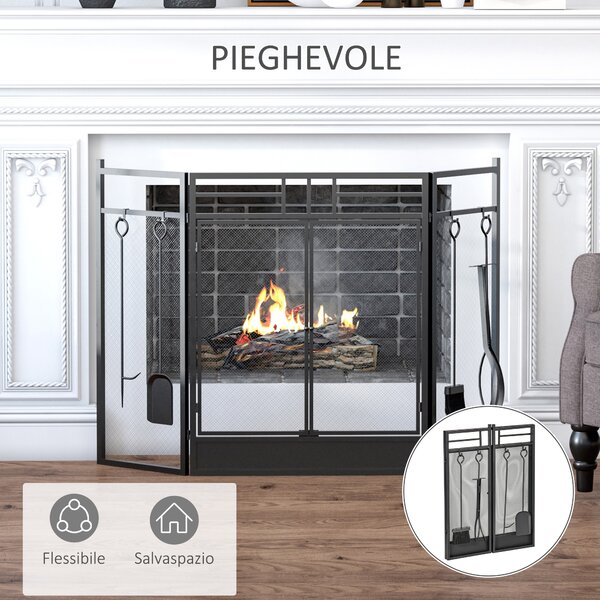 HOMCOM Parascintille Camino Moderno, Parafuoco Pieghevole con 2 Porte in Metallo Nero, 122x1.6x80cm|Aosom