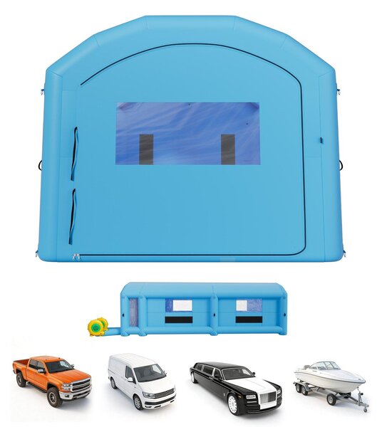 Cabina di verniciatura gonfiabile - Tenda per verniciatura, cabina di verniciatura 12 x 5 x 4 metri - 2 ventilatori da 950W e 1100W - Filtro a carbone attivo - Area spogliatoio - Tetto a volta - Adatta per pick-up e furgoni - Colore blu