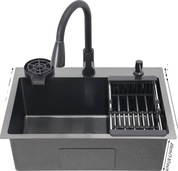 Lavello da cucina, acciaio inox, rubinetto estraibile, nero