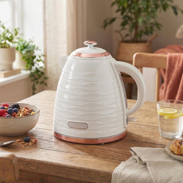HOMCOM Bollitore Elettrico 1,7 L, 2,2 kW, Funzione Ebollizione Rapida con Filtro Anticalcare Rimovibile e Lavabile, Bianco | Aosom Italy