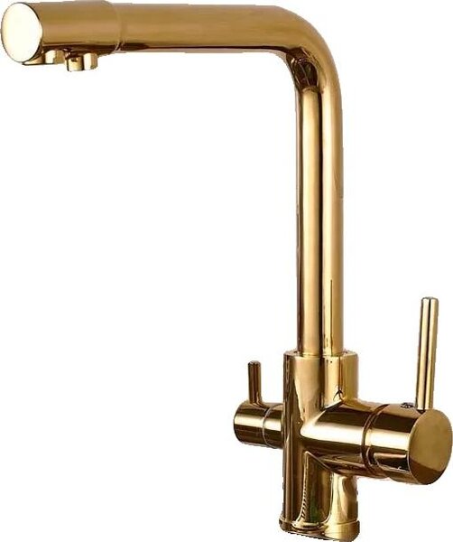 Rubinetto da cucina, doppia maniglia, filtro per acqua pura, dorato