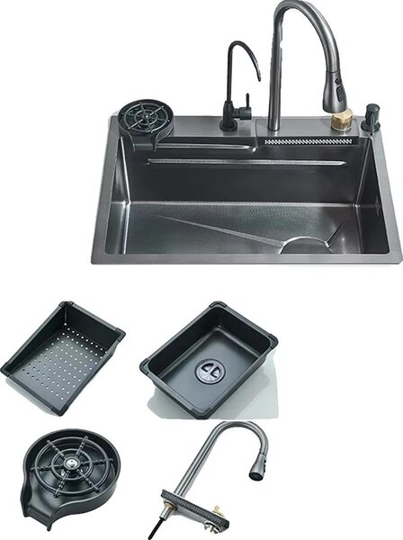 Lavello da cucina, rubinetto integrato, bocca estraibile, grigio 60x45cm-M1