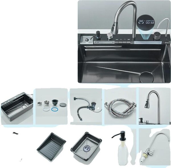 Lavello da cucina, rubinetto integrato, design rettangolare, grigio militare