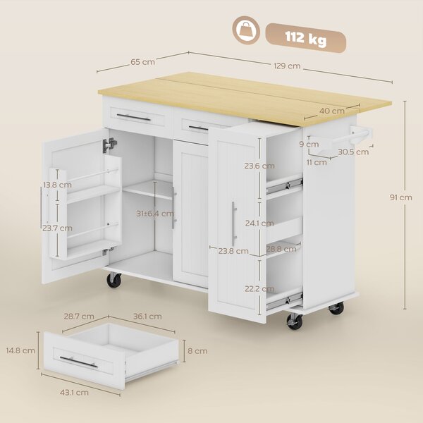 HOMCOM Isola da Cucina Mobile con Superficie Estendibile, Porte Armadio, Cassetti e Portasalviette, in MDF, Bianco | Aosom Italy