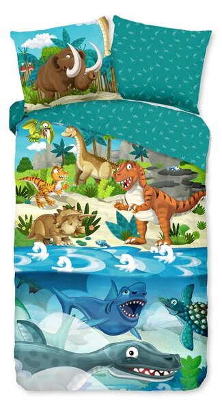 Set copripiumino e federa da bambini blu in cotone per letto singolo ed esteso 140x220 cm Prehistoric – Good Morning