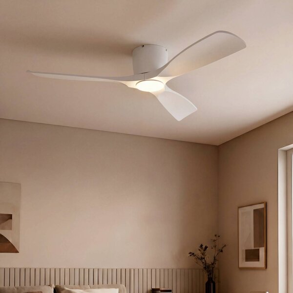 Ventilatore da soffitto LED Lucande Smart Moneno, bianco, DC, Tuya Moneno Lucande, dimmerabile, Bianco / Opale, Soggiorno / Sala da pranzo, Metallo, Moderno