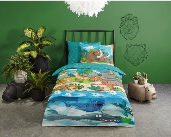Set copripiumino e federa da bambini blu in cotone per letto singolo ed esteso 140x220 cm Prehistoric – Good Morning