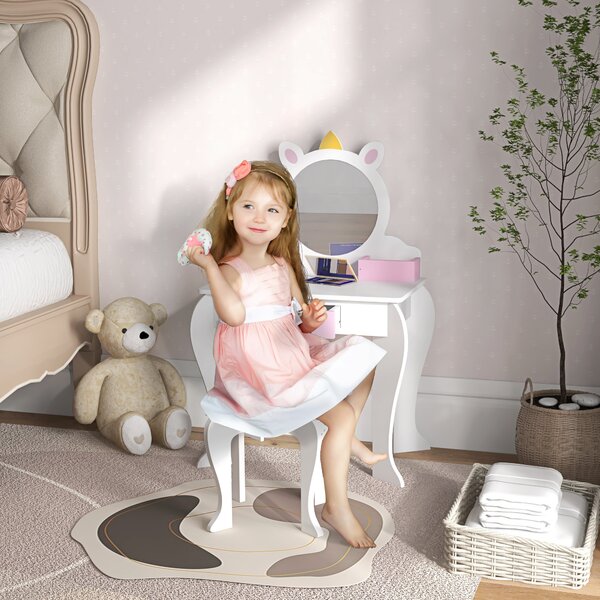 ZONEKIZ Tavolo Trucco per Bambini con Sgabello, Specchio e Cassetto Scomparti, Design Unicorno, Bianco | Aosom Italy