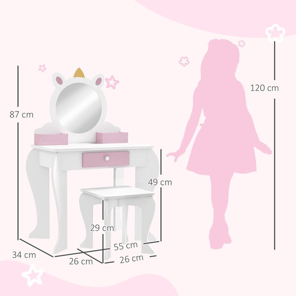 ZONEKIZ Tavolo Trucco per Bambini con Sgabello, Specchio e Cassetto Scomparti, Design Unicorno, Bianco | Aosom Italy