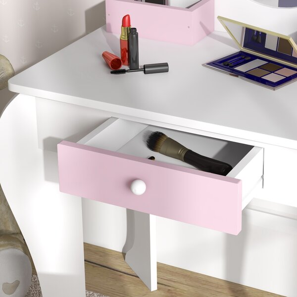ZONEKIZ Tavolo Trucco per Bambini con Sgabello, Specchio e Cassetto Scomparti, Design Unicorno, Bianco | Aosom Italy
