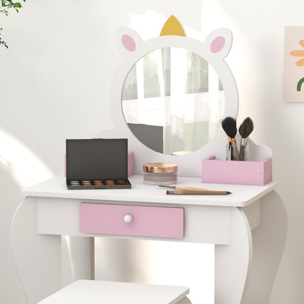 ZONEKIZ Tavolo Trucco per Bambini con Sgabello, Specchio e Cassetto Scomparti, Design Unicorno, Bianco | Aosom Italy