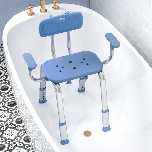HOMCOM Sgabello da Doccia, Sedia da Doccia Ergonomica con Braccioli, Schienale, Altezza e Seduta Regolabili, Blu | Aosom Italy
