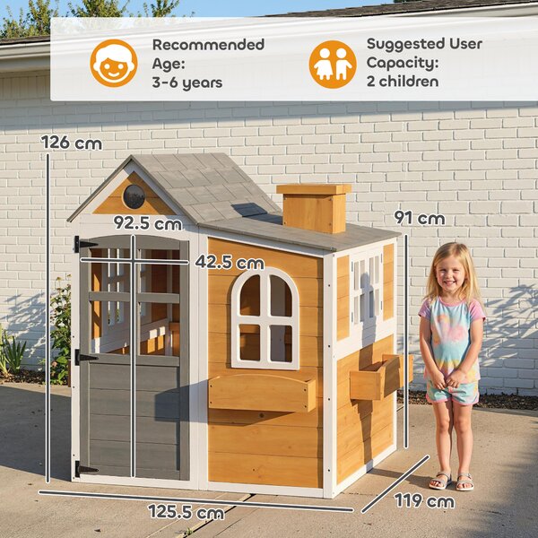 AIYAPLAY Casetta per Bambini da Esterno in Legno, Casa per Bambini Esterno/Interno con Porta, Finestre e 3 Fioriere, Giallo | Aosom Italy