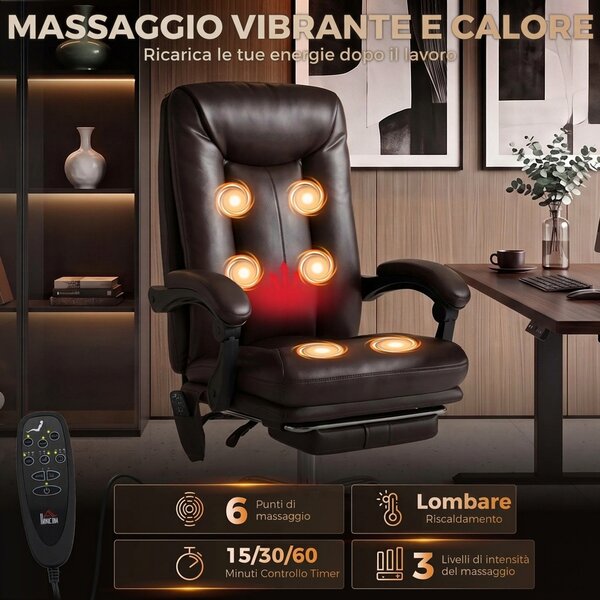 HOMCOM Sedia Ufficio Massaggiante 6 Punti Vibrante, Riscaldata e Poggiapiedi, Marrone, Telecomando, Altezza Regolabile | Aosom Italy