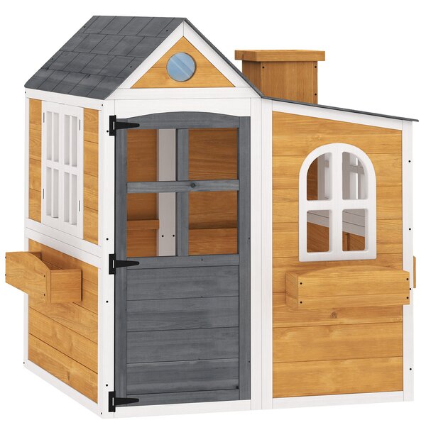 AIYAPLAY Casetta per Bambini da Esterno in Legno, Casa per Bambini Esterno/Interno con Porta, Finestre e 3 Fioriere, Giallo | Aosom Italy