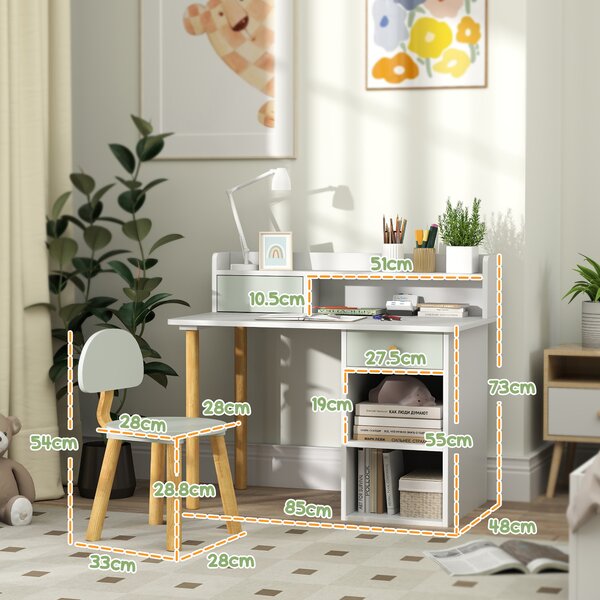 AIYAPLAY Scrivania per Bambini con Sedia, Tavolo per Bambini con 2 Cassetti e Ripiani Aperti, 85x48x73 cm, Verde | Aosom Italy