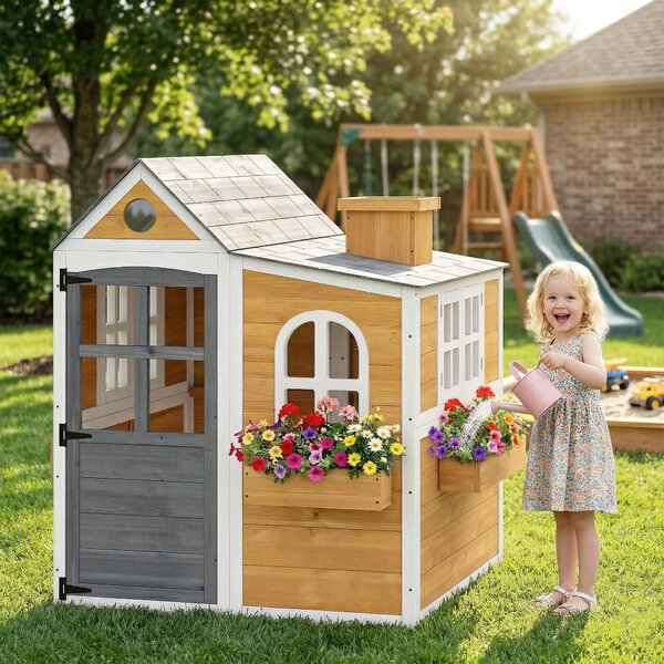 AIYAPLAY Casetta per Bambini da Esterno in Legno, Casa per Bambini Esterno/Interno con Porta, Finestre e 3 Fioriere, Giallo | Aosom Italy