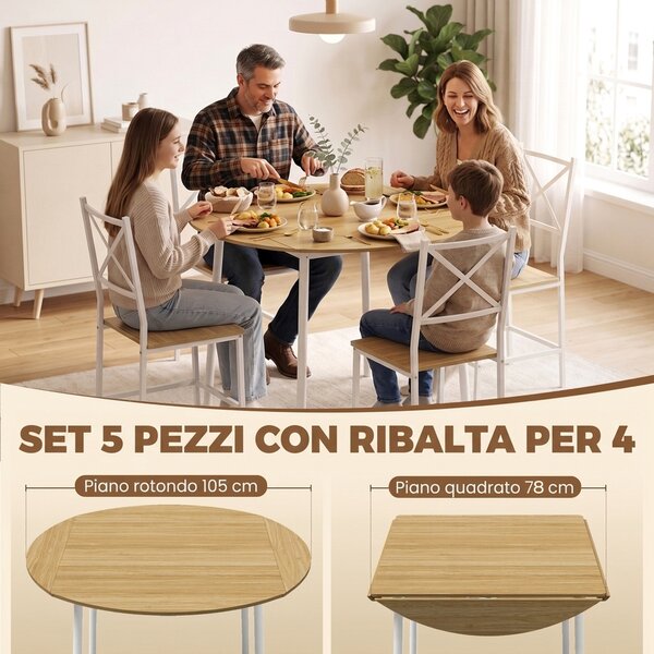HOMCOM Set Tavolo da Pranzo 5 Pezzi per 4 Persone, Tavolo da Cucina Allungabile da 105 cm con Sedie, Rovere | Aosom Italy
