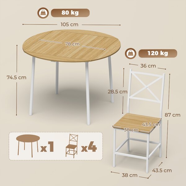 HOMCOM Set Tavolo da Pranzo 5 Pezzi per 4 Persone, Tavolo da Cucina Allungabile da 105 cm con Sedie, Rovere | Aosom Italy