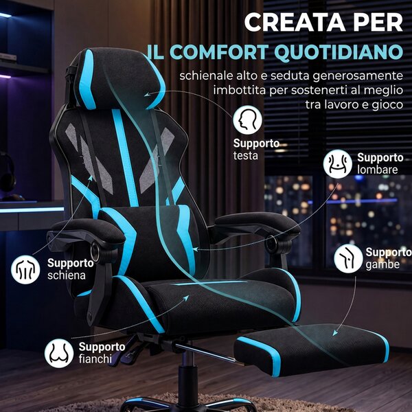 HOMCOM Sedia da Gaming con Cuscino Lombare, Poggiatesta Regolabile, Poggiapiedi e Schienale Reclinabile, Nero e Blu | Aosom Italy
