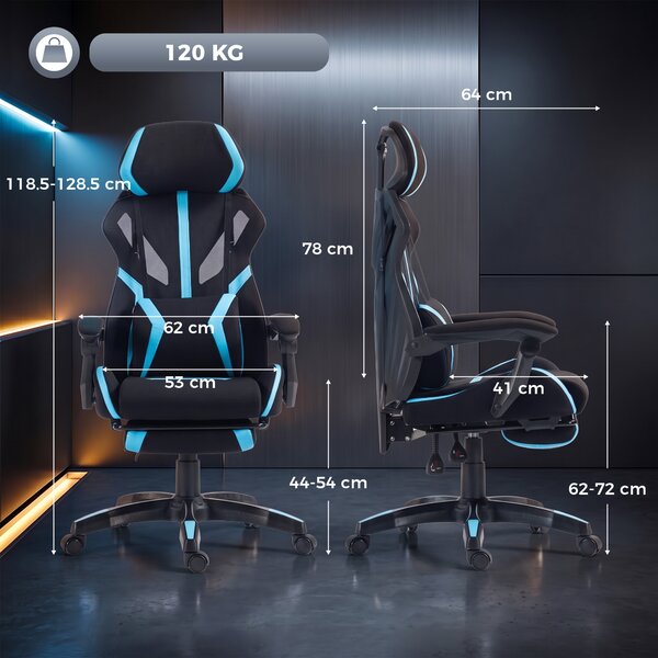 HOMCOM Sedia da Gaming con Cuscino Lombare, Poggiatesta Regolabile, Poggiapiedi e Schienale Reclinabile, Nero e Blu | Aosom Italy