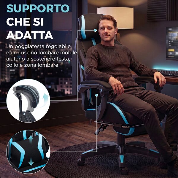 HOMCOM Sedia da Gaming con Cuscino Lombare, Poggiatesta Regolabile, Poggiapiedi e Schienale Reclinabile, Nero e Blu | Aosom Italy