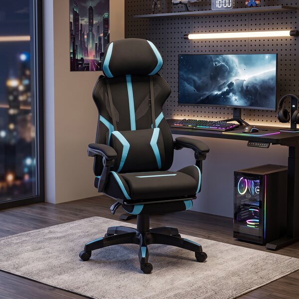 HOMCOM Sedia da Gaming con Cuscino Lombare, Poggiatesta Regolabile, Poggiapiedi e Schienale Reclinabile, Nero e Blu | Aosom Italy