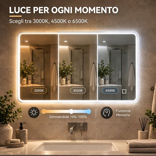 HOMCOM Specchio Bagno con Luce LED 50x70 cm, 3 Colori Luce, Dimmerabile, Antiappannamento, Interruttore Touch, Memoria | Aosom Italy