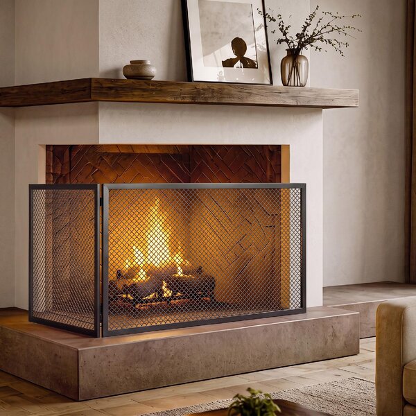 DecHome Parascintille Camino Pieghevole a 2 Pannelli in Metallo Verniciato 140x1x50 cm colore Nero