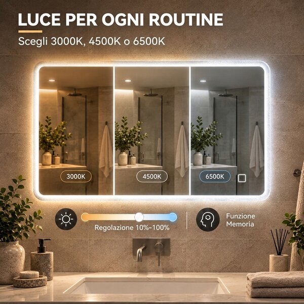 HOMCOM Specchio Bagno con Luce LED 70x100 cm, 3 Colori Luce, Dimmerabile, Antiappannamento, Interruttore Touch, Memoria | Aosom Italy