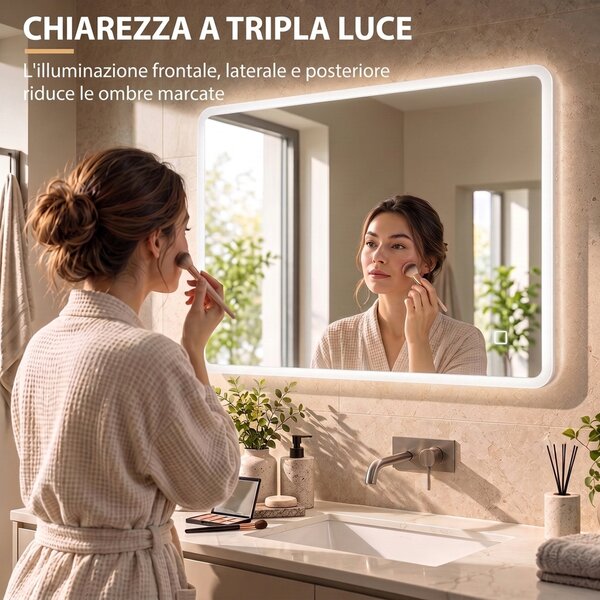HOMCOM Specchio Bagno con Luce LED 70x100 cm, 3 Colori Luce, Dimmerabile, Antiappannamento, Interruttore Touch, Memoria | Aosom Italy