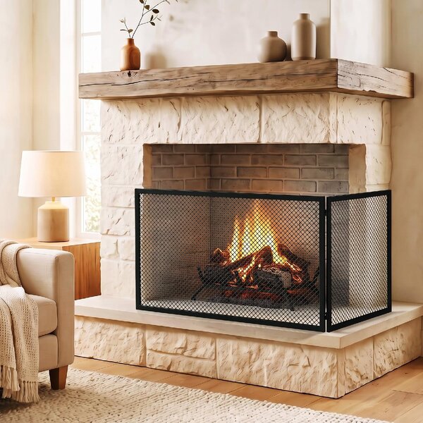 DecHome Parascintille Camino Pieghevole a 2 Pannelli in Metallo Verniciato 140x1x50 cm colore Nero