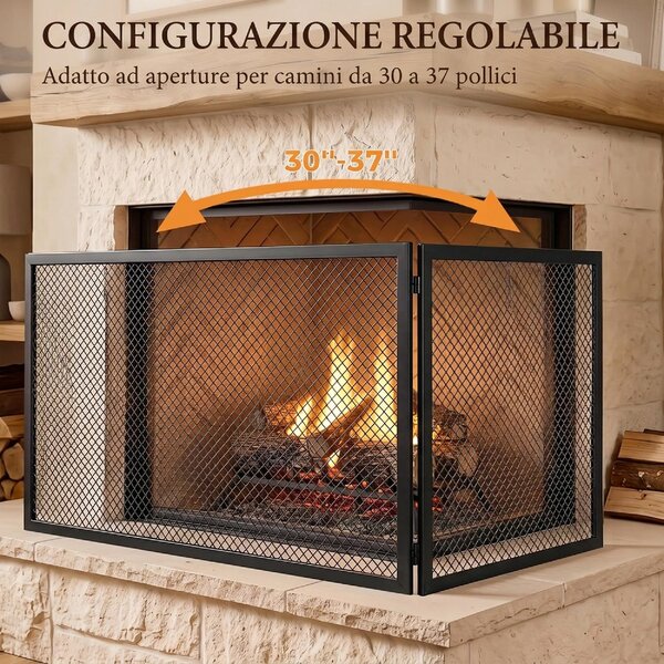 DecHome Parascintille Camino Pieghevole a 2 Pannelli in Metallo Verniciato 140x1x50 cm colore Nero
