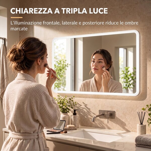 HOMCOM Specchio Bagno con Luce LED 50x70 cm, 3 Colori Luce, Dimmerabile, Antiappannamento, Interruttore Touch, Memoria | Aosom Italy