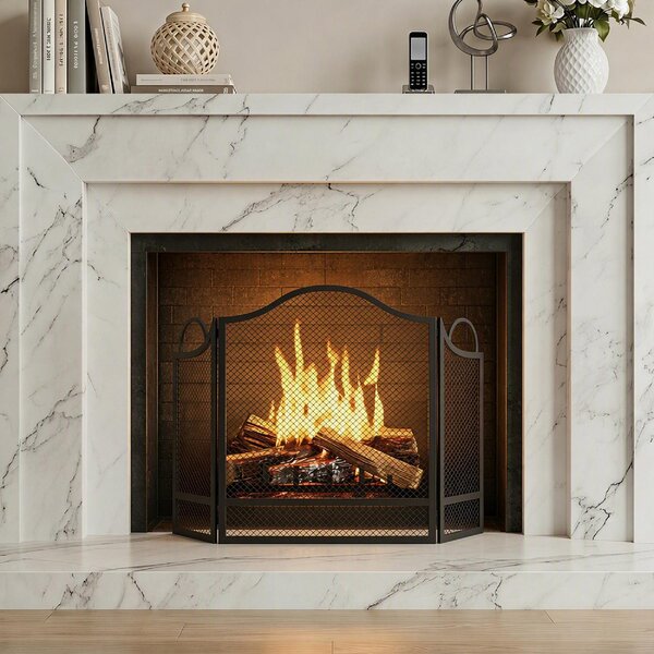 DecHome Parascintille Camino Pieghevole a 3 Pannelli in Metallo Verniciato 122x1x74 cm colore Nero