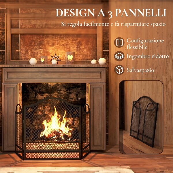 DecHome Parascintille Camino Pieghevole a 3 Pannelli in Metallo Verniciato 122x1x74 cm colore Nero